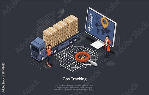 Isometric Online Cargo Delivery Tracking System With Gps Position Of the Truck. Workers are Monitoring The Location Of The Truck On The Map. Flat Style. Vector Illustration