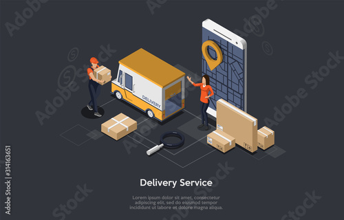 Delivery Service app with Postal Yellow Van, Mobile Phone, Courier and Costumer. Delivery Van And Mobile Phone With City Map Background. Flat style. Vector illustration
