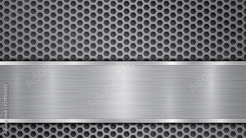 Background in gray colors, consisting of a metallic perforated surface with holes and a polished plate with metal texture, glares and shiny edges