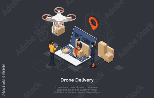 Isometric Drone Fast Delivery of goods with city map. Technological shipment innovation concept. Workers control the delivery. Autonomous logistics. Flat style. Vector illustration