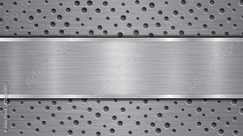 Background in gray colors, consisting of a metallic perforated surface with holes and a polished plate with metal texture, glares and shiny edges