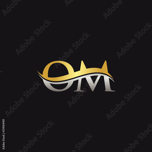 Gold And Silver letter OM Logo Design with black Background. OM Letter Logo Design