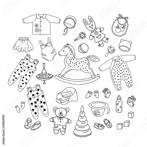 Set of children's things and toys hand drawn doodle. Outline on the white background. Vector illustration for backgrounds, web design, design elements, textile prints, covers, greeting cards.