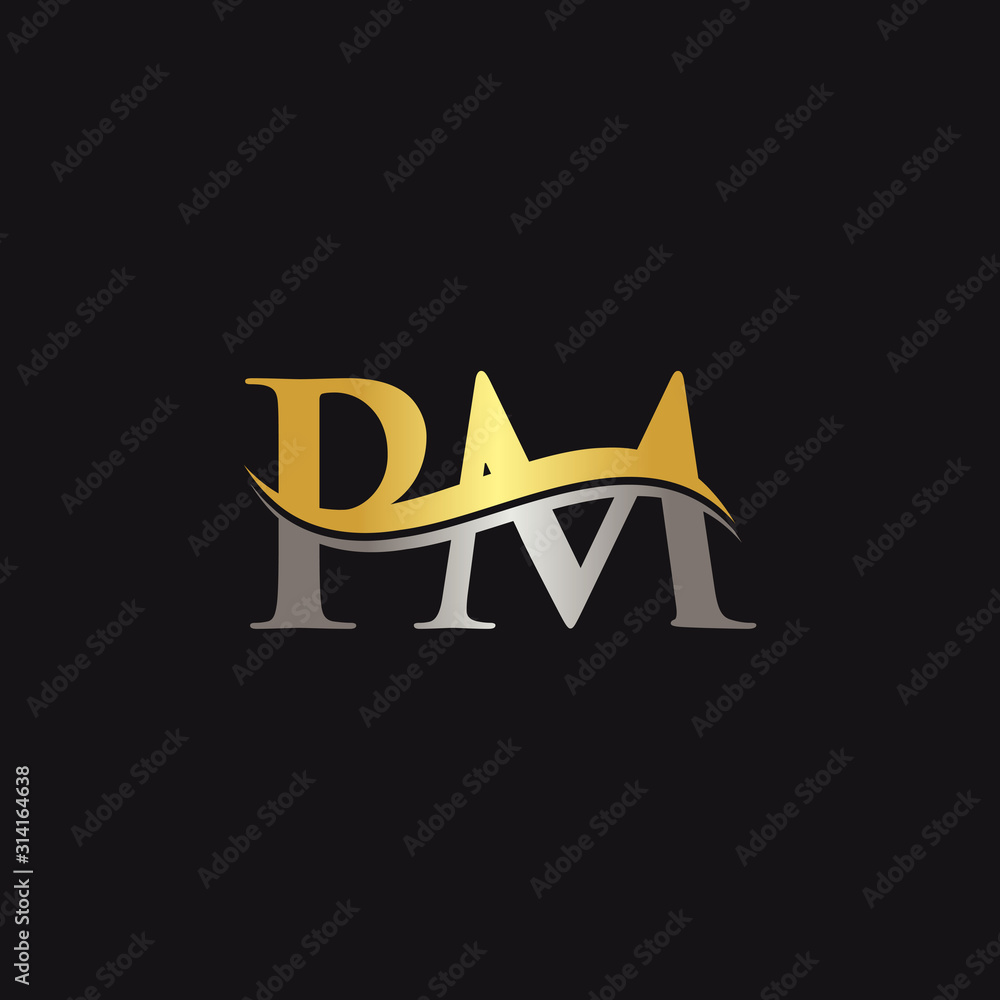 Gold And Silver letter PM Logo Design with black Background. PM Letter Logo  Design Stock Vector