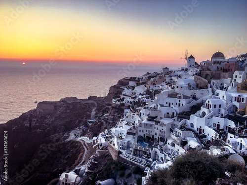 Old town, Santorini island, Greece: Panoramic view at the sunset.
