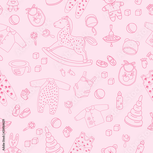 Pattern of children's things and toys hand drawn doodle. Outline on the pink background. Vector illustration for backgrounds, web design, design elements, textile prints, covers, greeting cards.