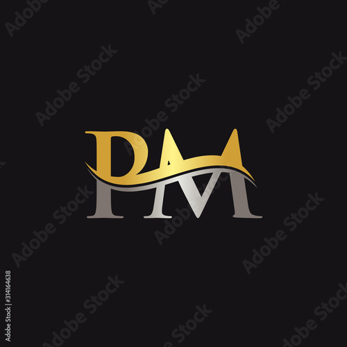 Gold And Silver letter PM Logo Design with black Background. PM Letter Logo  Design Stock Vector
