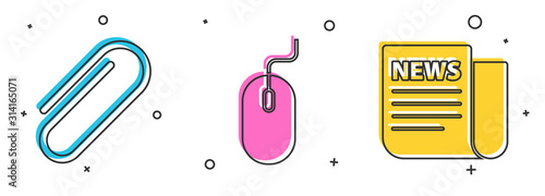 Set Paper clip, Computer mouse and News icon. Vector