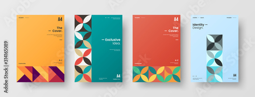 Business presentation vector A4 vertical orientation front page mock up set. Corporate report cover abstract geometric illustration design layout bundle. Company identity brochure template collection.