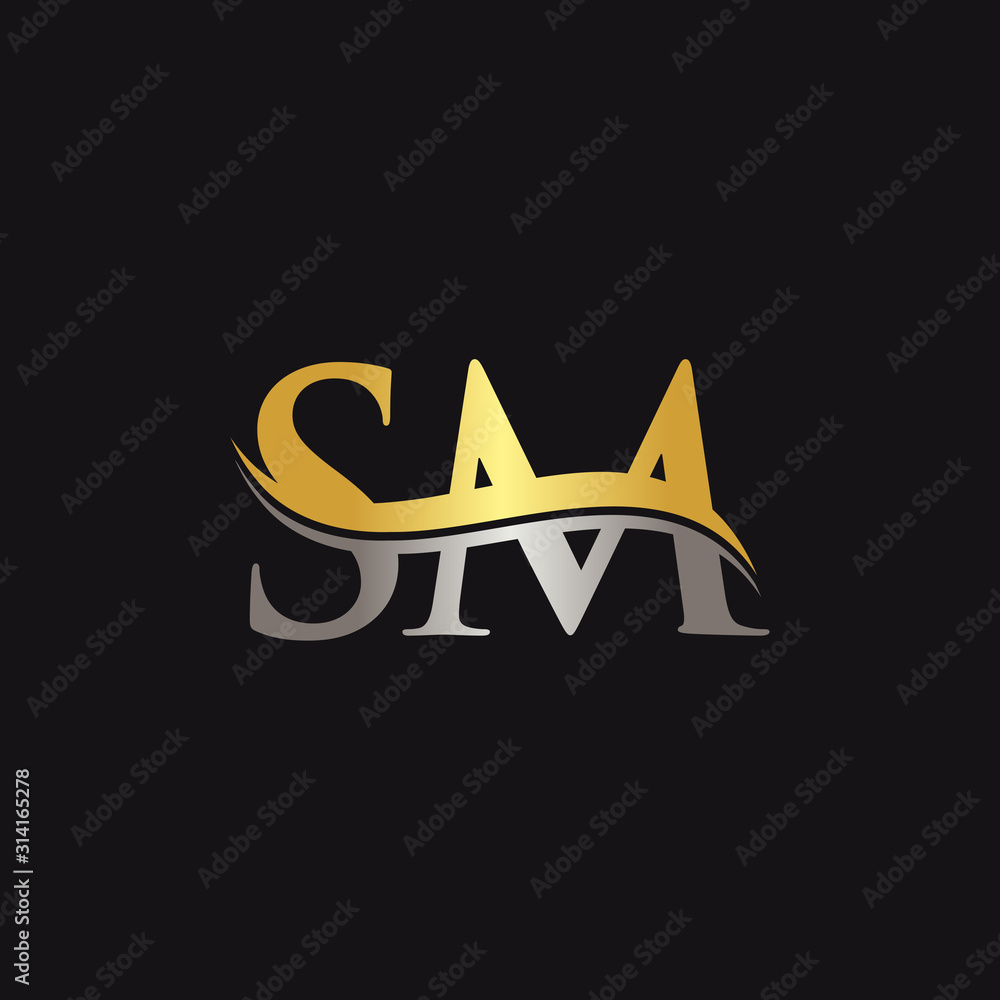 Gold And Silver letter SM Logo Design with black Background. SM Letter ...