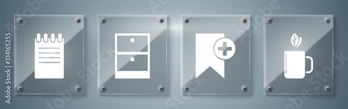 Set Cup of tea and leaf, Bookmark, Archive papers drawer and Notebook. Square glass panels. Vector