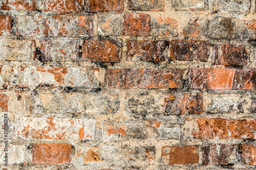old damaged red brick wall, antique architecture abstraction background