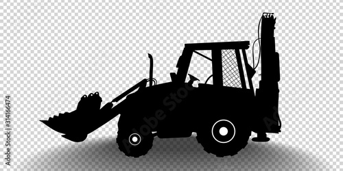 Vector detailed silhouette of bulldozer isolated on transparent background. Black and white vehicle icon with shadow. Vector illustration