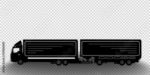 Vector detailed silhouette of truck with a trailer isolated on transparent background. Black and white vehicle icon with shadow. Vector illustration