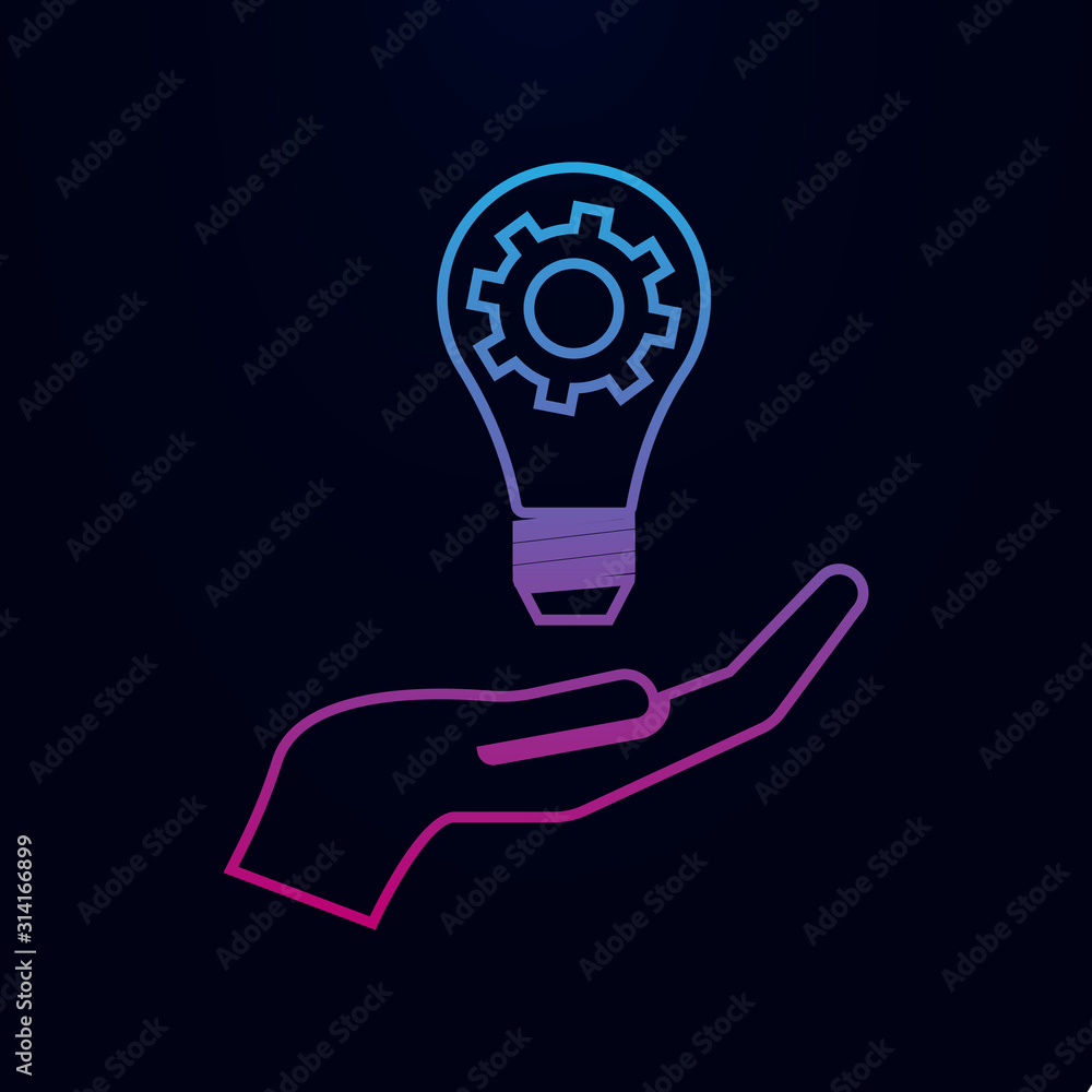 Light lamp bulb with cogwheel gear in hand. Idea nolan icon. Simple thin line, outline vector of team work icons for ui and ux, website or mobile application Light lamp bulb with cogwheel gear in hand. Idea nolan icon. Simple thin line, outline vector of team work icons for ui and ux, website or mobile application