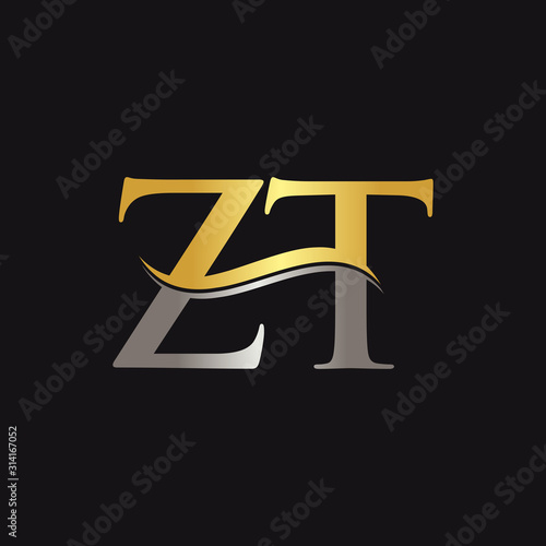 Initial Gold and Silver ZT Letter Linked Logo with Black Background. Creative Letter ZT Logo Design.