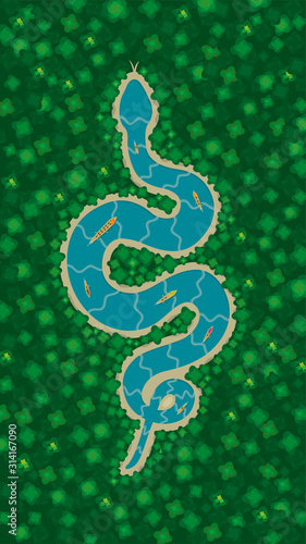 Top view of amazon river with blue water in the form of curvy snake surrounded by green trees seen from above and canoes sailing on the river. Vector image
