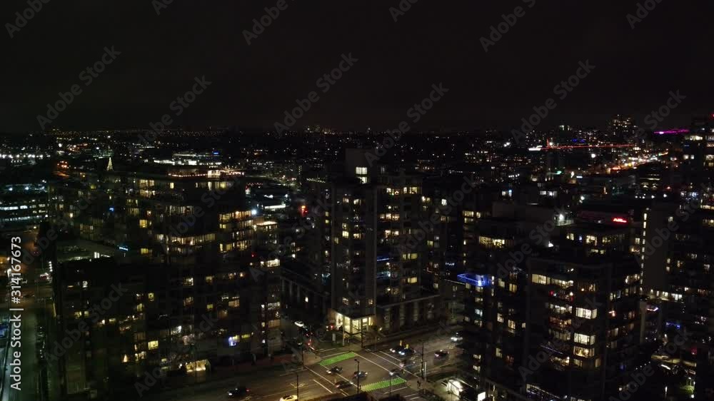 Vancouver buildings and the road in the night from the above Vancouver buildings and the road in the night from the above