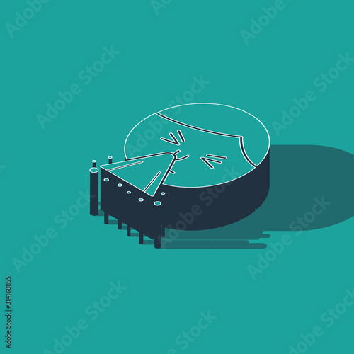 Isometric Man holding handkerchief or napkin to his runny nose icon isolated on green background. Coryza desease symptoms. Vector Illustration