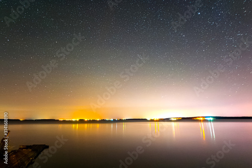 Starry sky over the lake. Starry sky background picture of stars in night sky and the Milky Way.