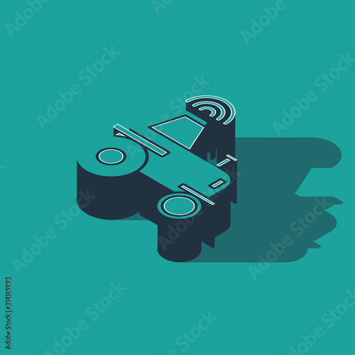 Isometric Self driving wireless tractor on a smart farm icon isolated on green background. Smart agriculture implement element. Vector Illustration
