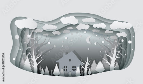 Paper art design card. Marry Christmas and Happy New Year layered art paper card. Fairy tale night village. Origami style card. 2020 design concept. Vector illustration