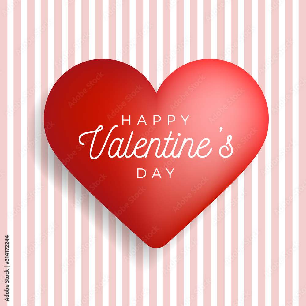 Happy Valentine Day greeting banner with congratulation sign in big red heart shape stock vector illustration on striped background.