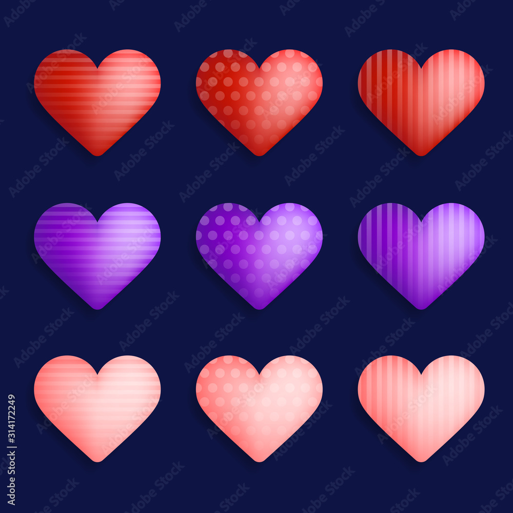 Vector set of colorful realistic Hearts with shadow on dark background. Vector red hearts collection. Set of nine realistic hearts with shadows. Romantic Love