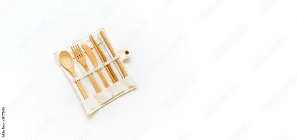 Set of Eco friendly bamboo cutlery, eco bag. Zero waste and plastic free concept. Banner Copy space Set of Eco friendly bamboo cutlery, eco bag. Zero waste and plastic free concept. Banner Copy space