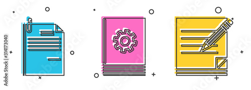 Set File document and paper clip, User manual and Blank notebook and pencil with eraser icon. Vector