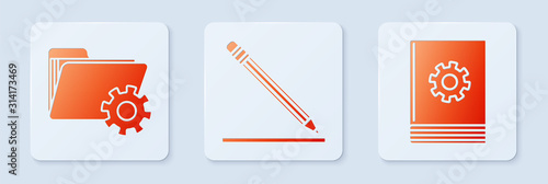 Set Pencil with eraser and line, Folder settings with gears and User manual. White square button. Vector