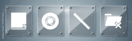 Set Delete folder, Ruler, Scotch and File document. Square glass panels. Vector
