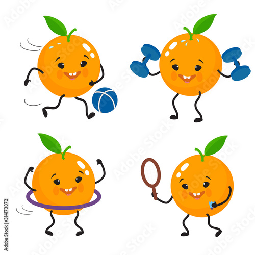 Set of cute, attractive oranges, characters with emotions and sports poses.