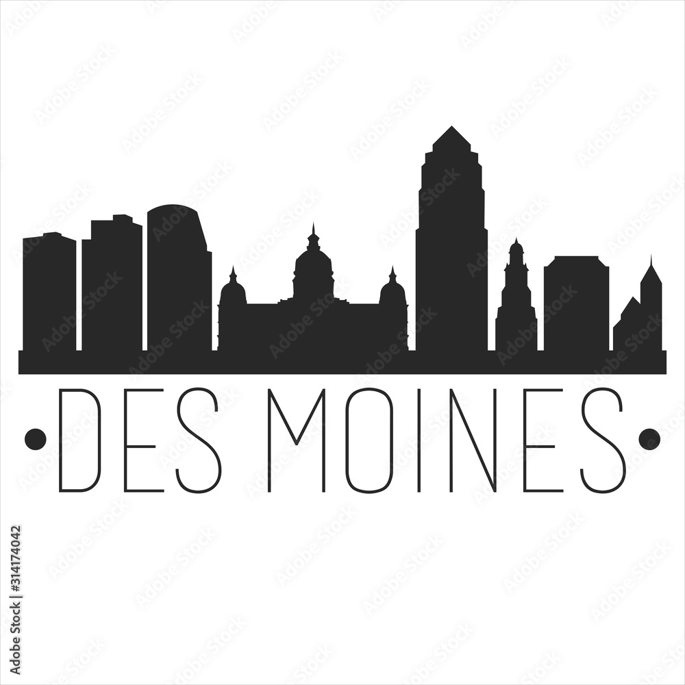 Des Moines Iowa. City Skyline. Silhouette City. Design Vector. Famous Monuments.