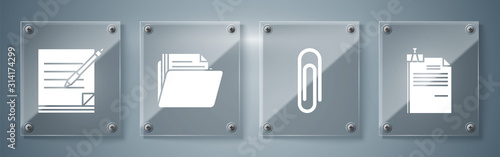 Set File document and binder clip, Paper clip, Document folder and Blank notebook and pen. Square glass panels. Vector