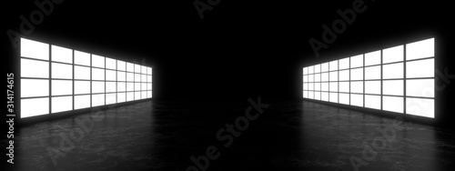 Empty dark space illuminated by a large rectangular lamp. Blurry reflections on the concrete floor. 3d rendering image.