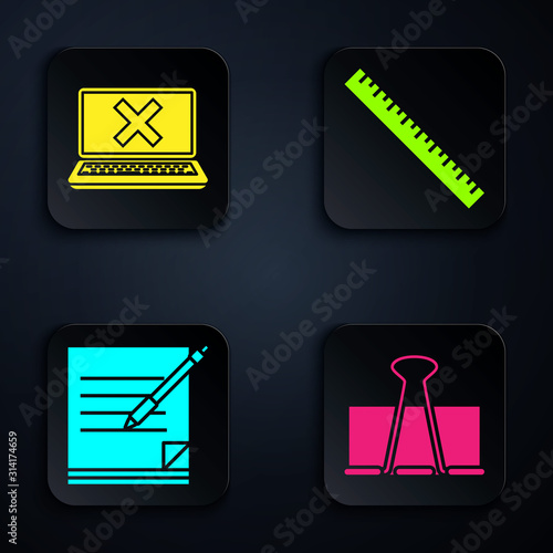 Set Binder clip, Laptop and cross mark on screen, Blank notebook and pen and Ruler. Black square button. Vector