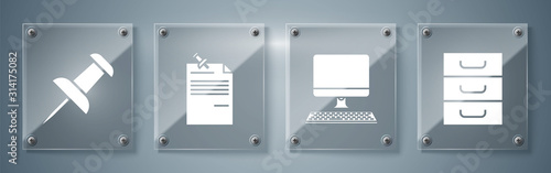Set Drawer with documents, Computer monitor with keyboard, Note paper with pinned pushbutton and Push pin. Square glass panels. Vector