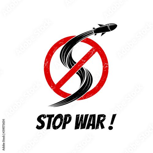 Stop war logo design, Vector illustration of missile launch with stop sign and letter s for no world war 3 and world peace campaign, no wars symbol/icon background template ready for use