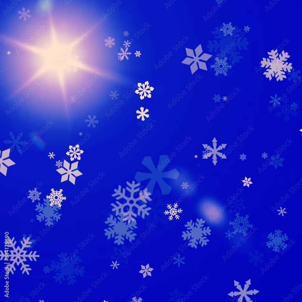 Background in blue with sunspot or light flare and snowflakes Background in blue with sunspot or light flare and snowflakes