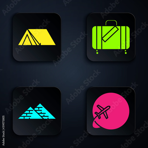 Set Globe with flying plane, Tourist tent, Egypt pyramids and Suitcase for travel and stickers. Black square button. Vector