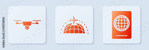 Set Globe with flying plane, Drone flying with action video camera and Passport with biometric data. White square button. Vector
