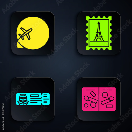 Set Passport pages with visa stamps, Globe with flying plane, Cruise ticket for traveling by ship and Postal stamp and Eiffel tower. Black square button. Vector