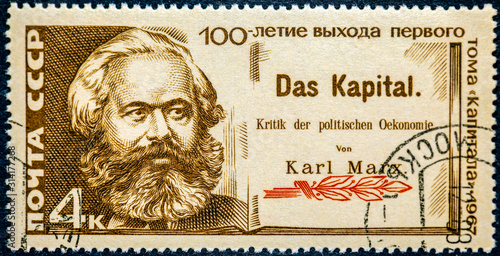 Mail stamp printed in the USSR (CCCP) featuring a portrait of socialist revolutionary Karl Marx author of the book Capital