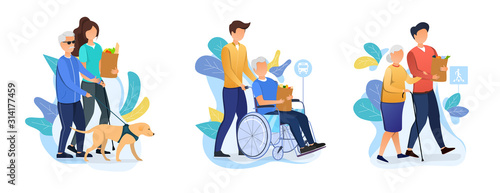 Three designs depicting old age care for retirees with carers helping an elderly person with dog, in a wheelchair and using a walking stick with their shopping, vector illustration