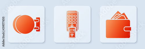 Set POS terminal with printed reciept and confirms the payment by smartphone, Signboard hanging and Wallet with stacks paper money cash. White square button. Vector