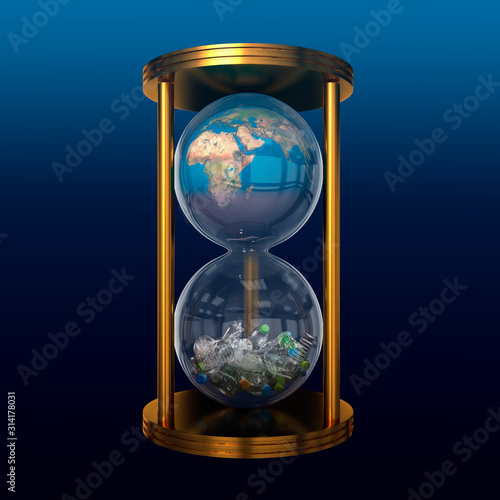 world that is being destroyed from plastic bottles in hourglass ,concept global warming