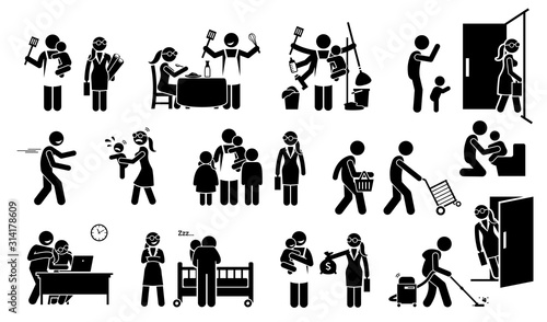 House husband and working wife family lifestyle with children stick figure pictogram icons. Vector illustrations depict a househusband on household duty, while the wife going out work to earn money.