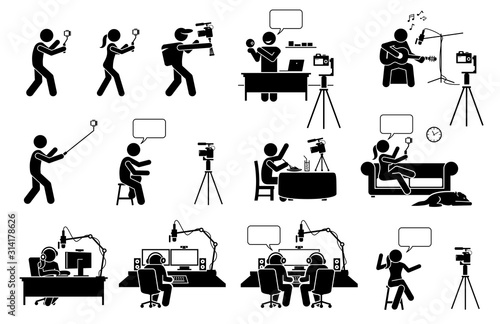 Video blog, vlog, podcast, and live streaming stick figure pictogram icons. Vector illustrations depict people self video recording with camera to create Internet online content for social media.