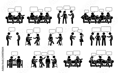 People conversation and communication with one another stick figure pictogram icons. Vector illustrations depict people or friends talking and chatting to each other in sitting and standing positions.